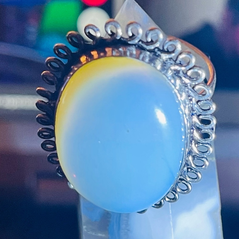 New 925 Sterling Silver Blue Yellow Triplet Opalite Artisten Oval Cut Ring - Picture 14 of 17